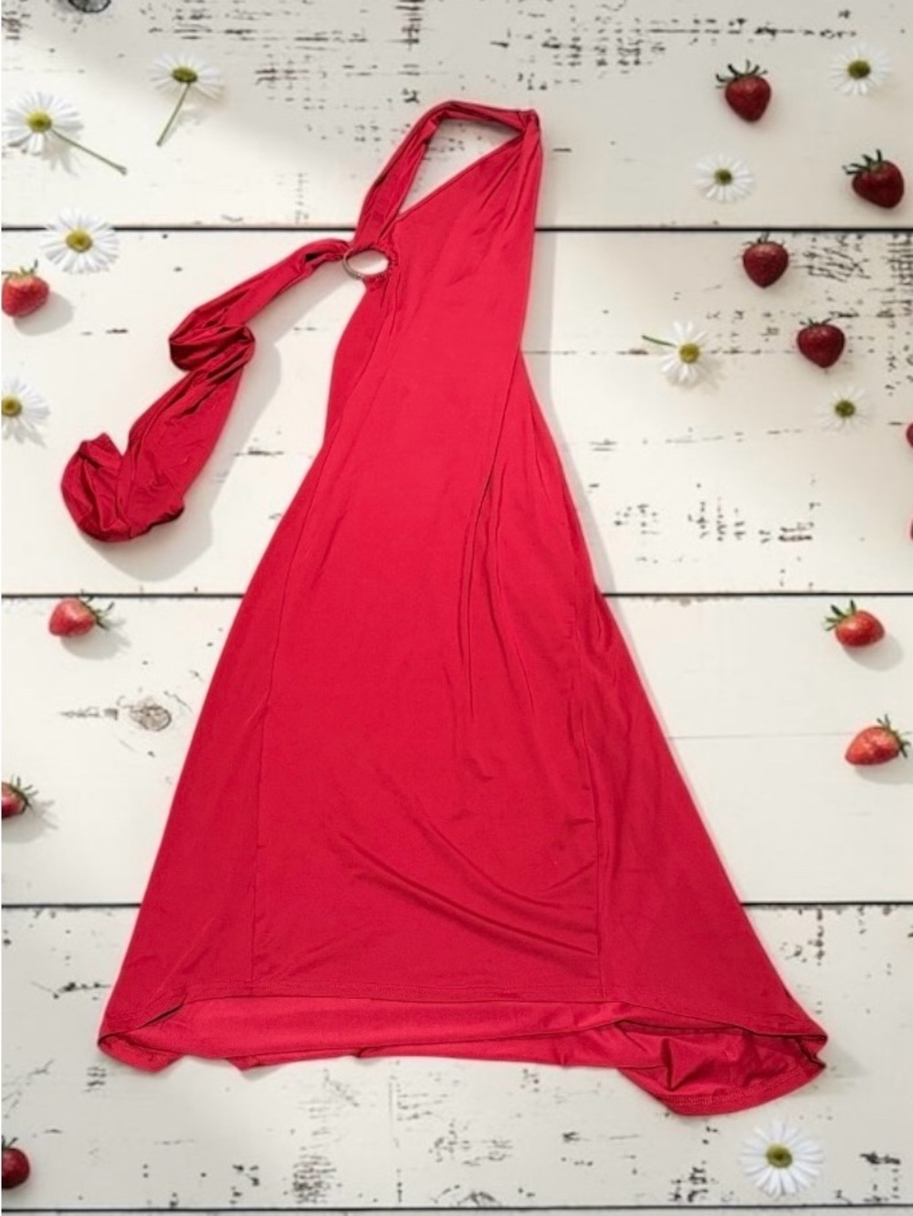 Red Halter Maxi Dress with Ring Detail